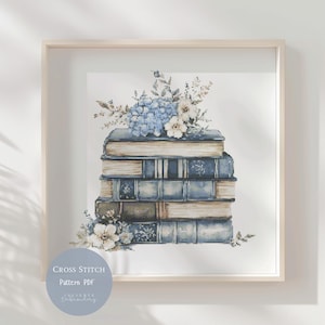 Puede incluir: Patrón de punto de cruz PDF de una pila de libros antiguos con detalles florales azules y blancos. Los libros son en tonos azules y beige, con puntadas detalladas. La obra de arte está enmarcada en un marco de madera clara.