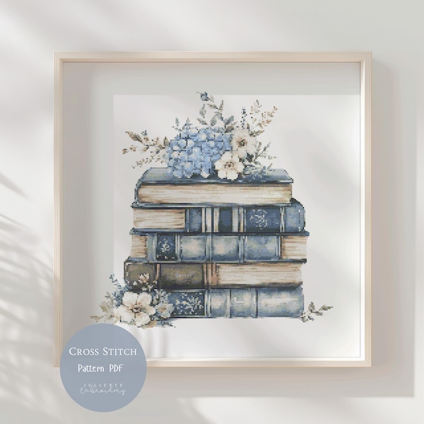 Blue Stock Books Cross Stitch Pattern | Home Decor Cross Stitch Embroidery Designs PDF| Modern Cross Stitch Designs Pattern| 62