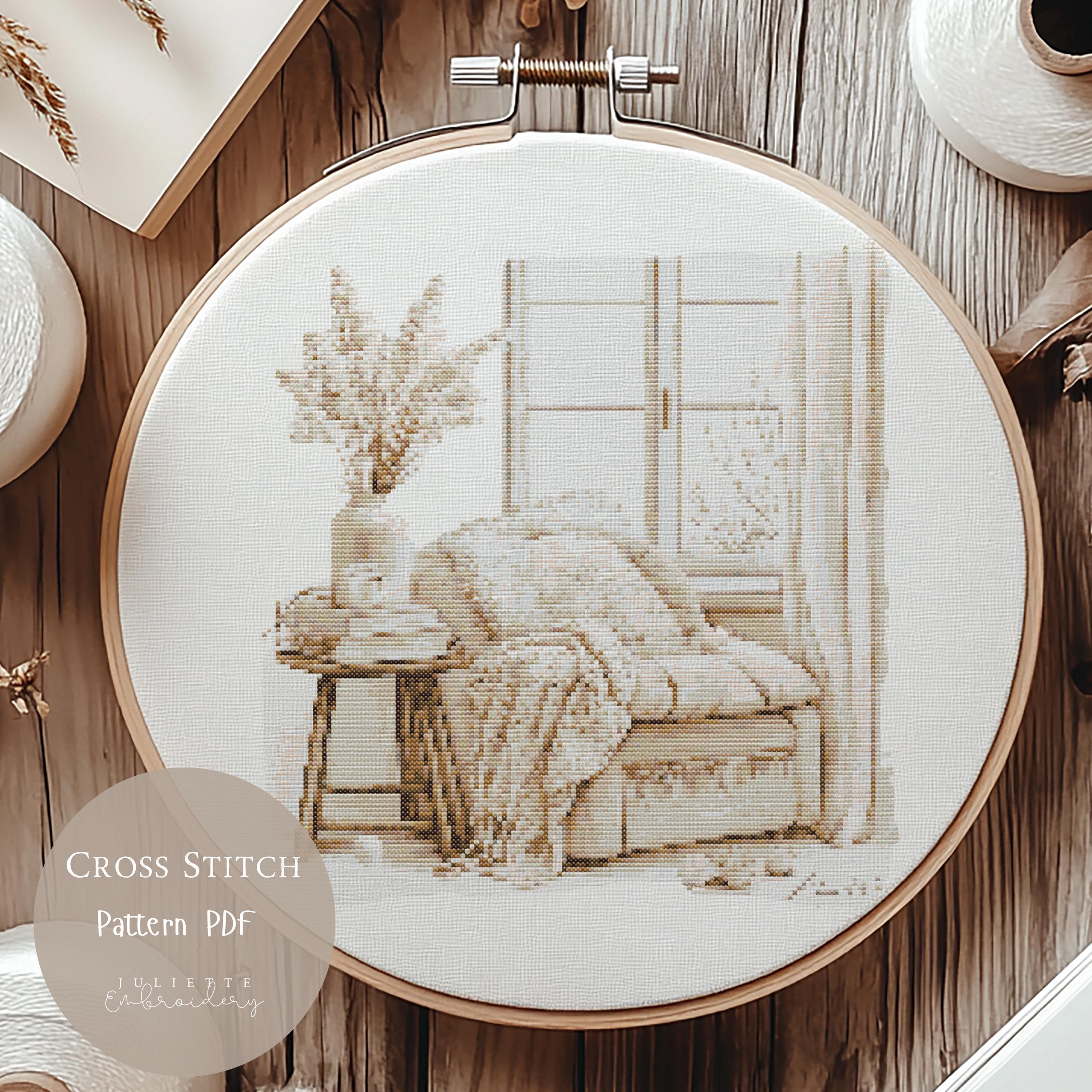 Cross Stitch Pattern Bookshelf | Home Nook Reading Embroidery