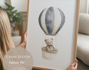 Kruissteekpatroon teddybeer luchtballon | Borduurontwerpen blauwe teddybeer kinderkamer PDF| Moderne digitale download kruissteek| 349