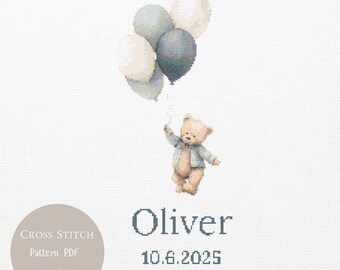 Baby Cross Stitch Pattern, Personalized Teddy Bear Balloons Birth