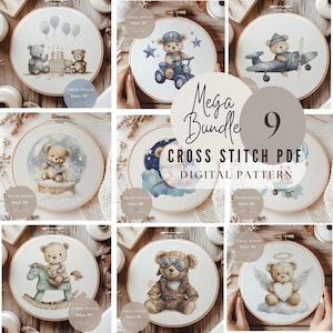 Peut inclure: Ensemble de neuf patrons de point de croix avec des ours en peluche dans diverses scènes. Les motifs incluent un ours sur une moto, dans une boule à neige et avec des ailes d'ange. Chaque motif est encadré dans un cercle à broder en bois.