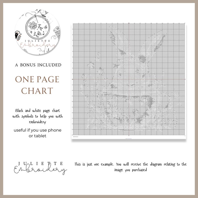 May include: A black and white embroidery pattern chart on a grid, featuring a rabbit outline with symbols. Text includes A BONUS INCLUDED ONE PAGE CHART, Black and white page chart with symbols to help you with embroidery, and Juliette Embroidery.