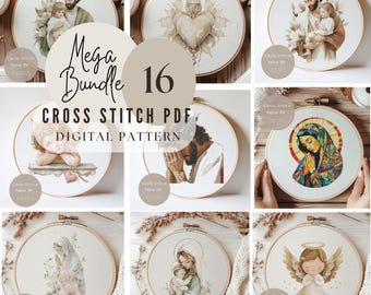 Paquete de 16 patrones de punto de cruz Virgen María / Jesucristo Diseño de bordado PDF / Diseños religiosos de punto de cruz Patrón digital / 232
