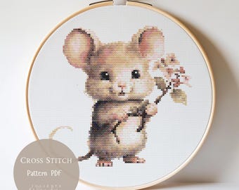 かわいいネズミのクロスステッチパターン｜ネズミの花の刺繍デザイン