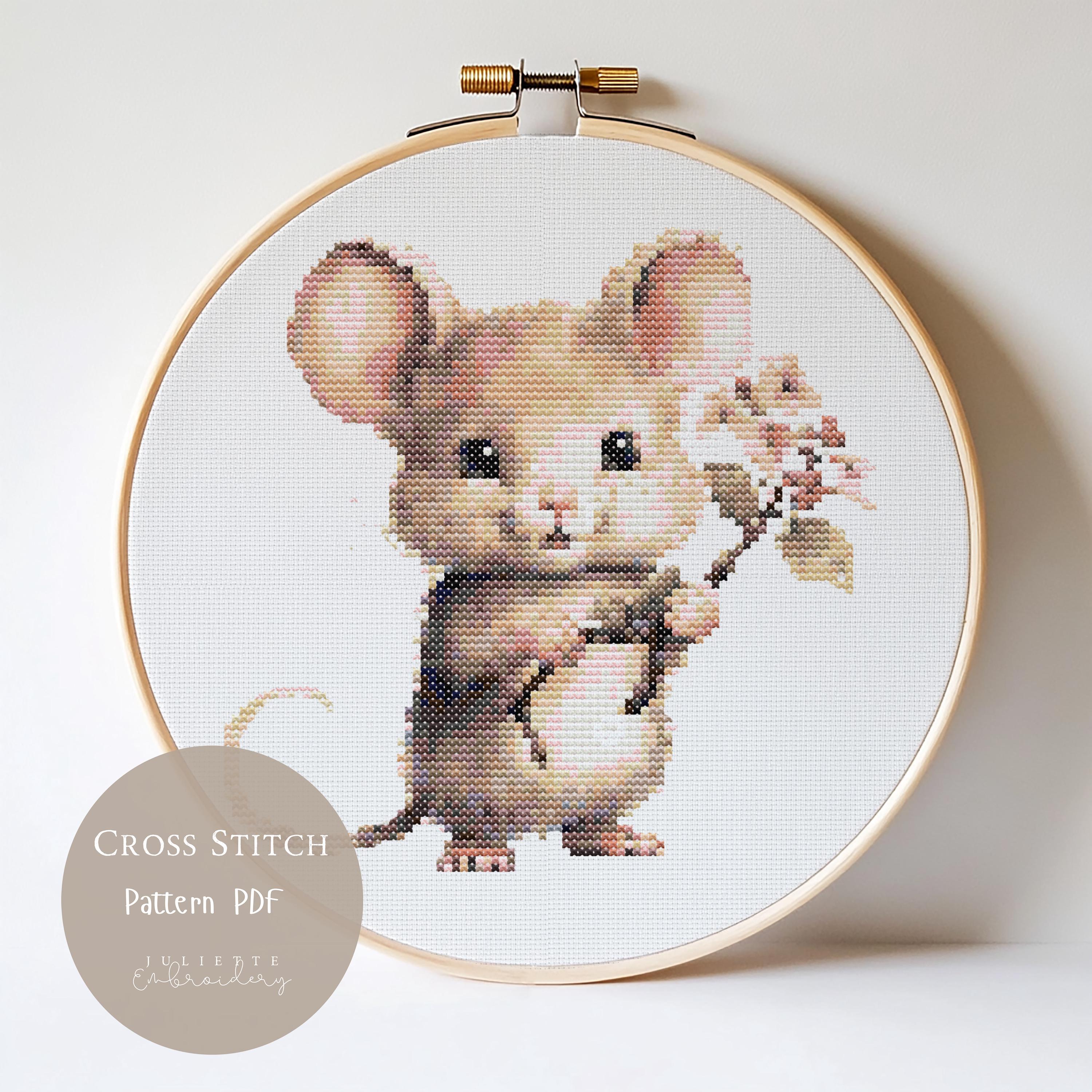かわいいネズミのクロスステッチパターン｜ネズミの花の刺繍デザイン