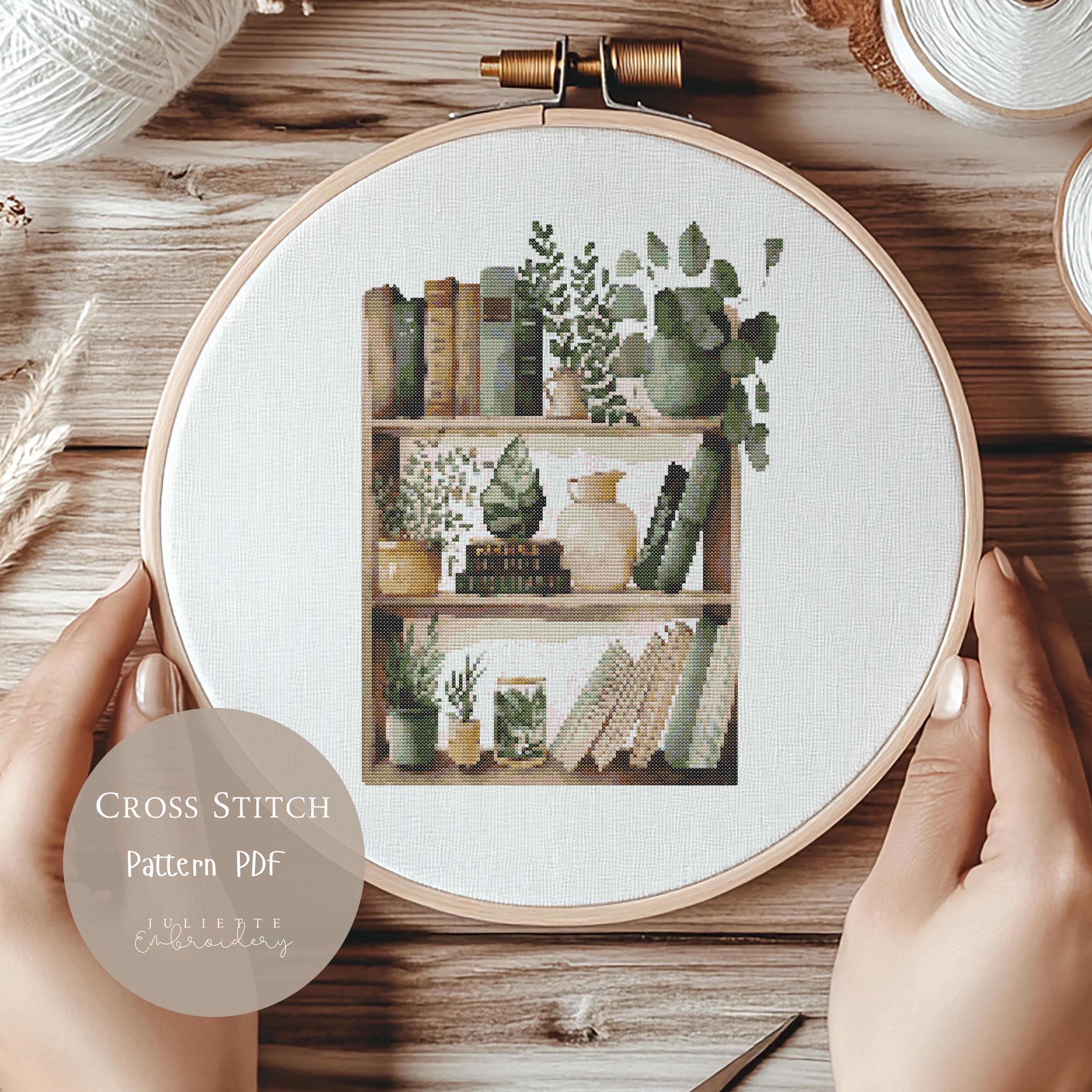 Cross Stitch Pattern Bookshelf | Home Decor Book Embroidery