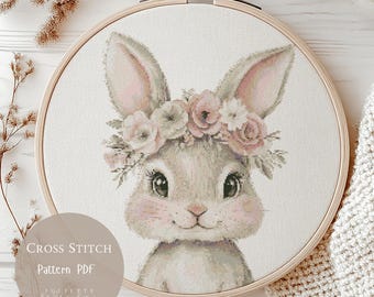 かわいい花のウサギのクロスステッチパターン|刺繍デザインPDF|モダン