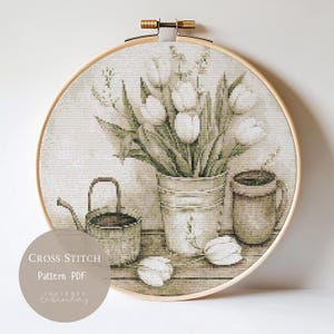 Patrón de punto de cruz: Tulipanes, flores, bordados florales en PDF, diseños modernos de punto de cruz, patrón digital de punto de cruz, 129