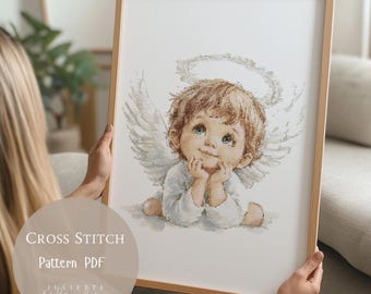 天使の羽のクロスステッチ図案、花の刺繍デザイン、天国のニードル