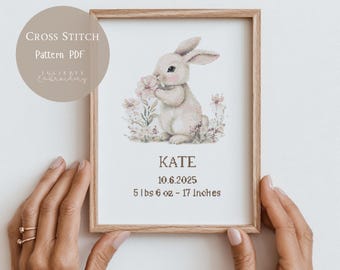 Pink Rabbit Personalized Baby Birth Announcement Cross Stitch Pattern, Custom Newborn Stats Embroidery, Baby Shower,Nursery Decor PDF | 358