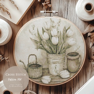 Patrón de punto de cruz: Tulipanes, flores, bordados florales en PDF, diseños modernos de punto de cruz, patrón digital de punto de cruz, 129