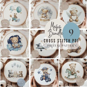 Lot de 9 motifs au point de croix avec un joli ours en peluche | Motifs de broderie pour chambre d'enfant PDF| Modèle de point de croix numérique moderne PDF | 229