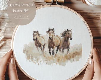 馬の刺繍パターン：納屋の動物デザイン（PDFパターン、6サイズ
