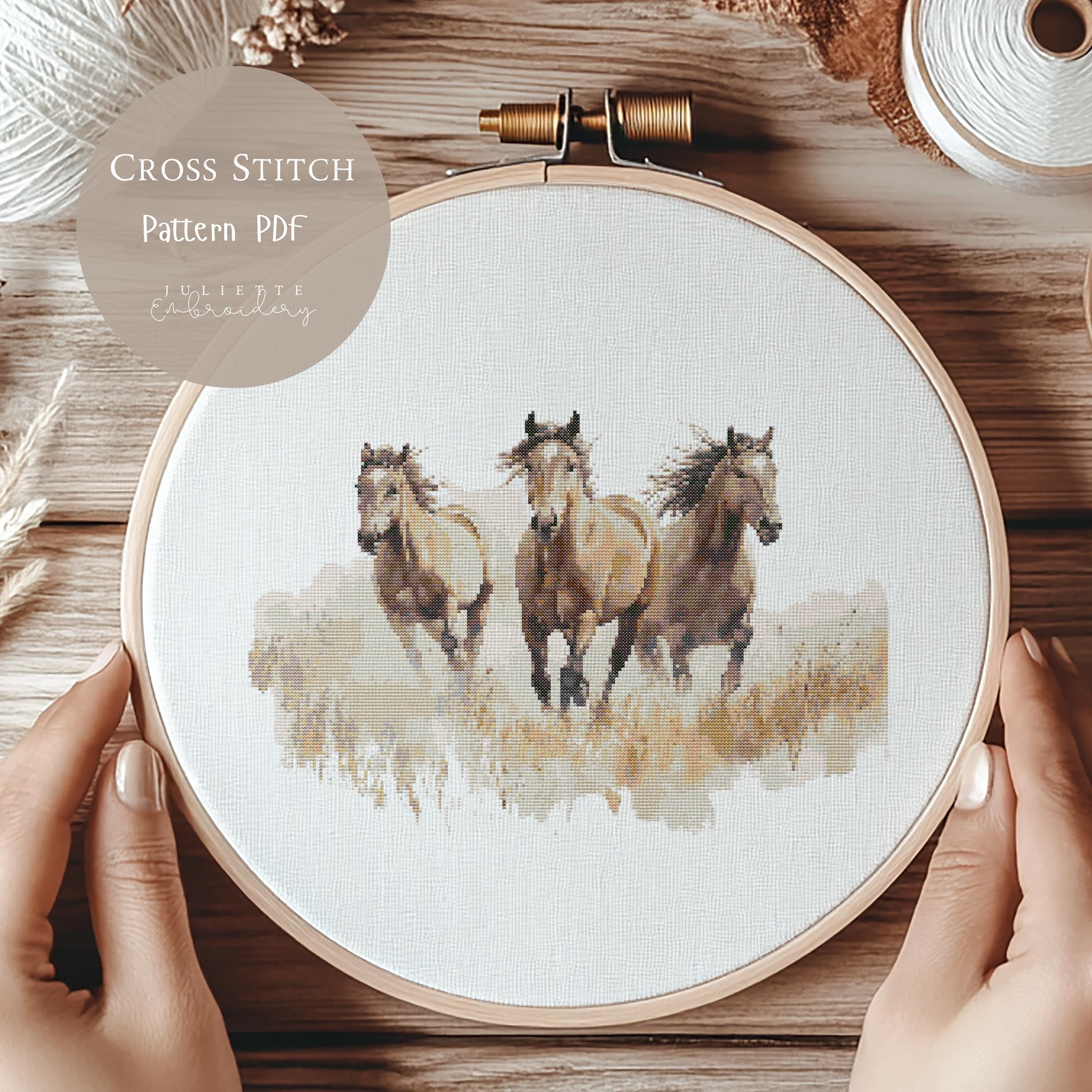 クロスステッチパターン 野生の馬 | 馬の動物刺繍デザイン PDF