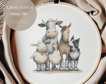 Patrón de punto de cruz Animales de la granja / Vaca, Burro, Cerdo, Diseños de bordado PDF / Diseños modernos de punto de cruz / Patrón digital de punto de cruz / 322
