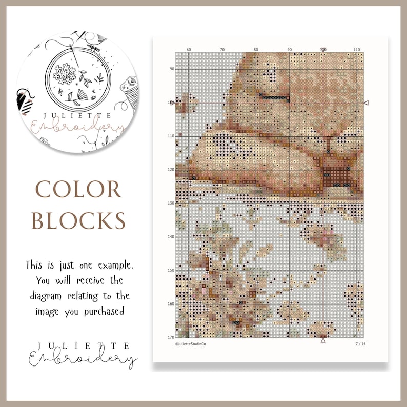 May include: A cross-stitch pattern chart featuring a grid with color-coded symbols, labeled Juliette Embroidery. The document includes a circular logo with floral line art and text stating, This is just one example. You will receive the diagram relating to the image you purchased.