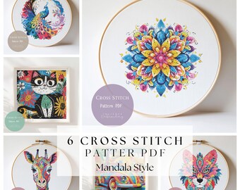 Bundle 6 Cross Stitch Pattern Mandala Animal | Mandala Style Animal Embroidery Design PDF| Modern Cross Stitch Designs Digital Pattern | 234