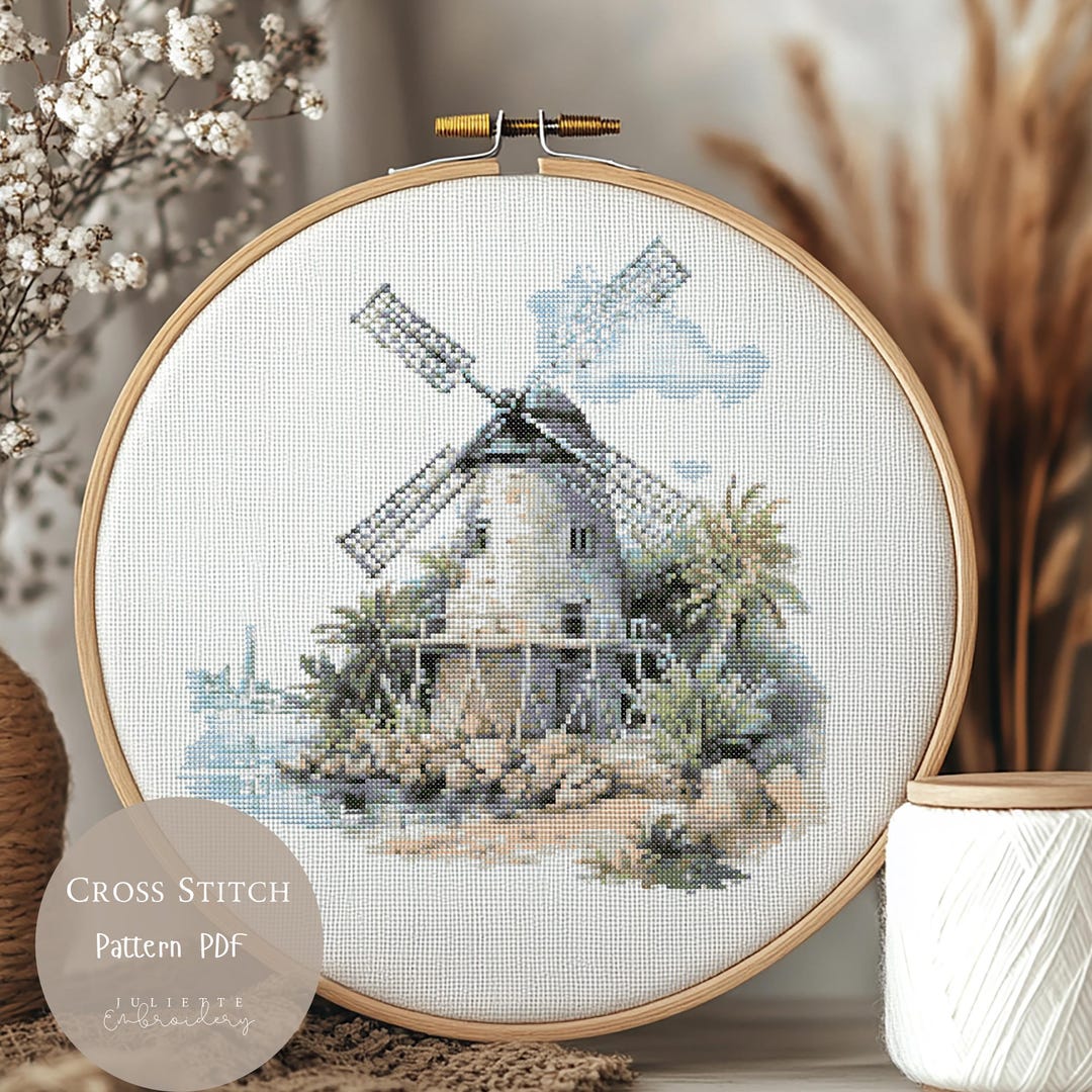 Cross Stitch Pattern Windmill Sea Landscape | Embroidery Designs