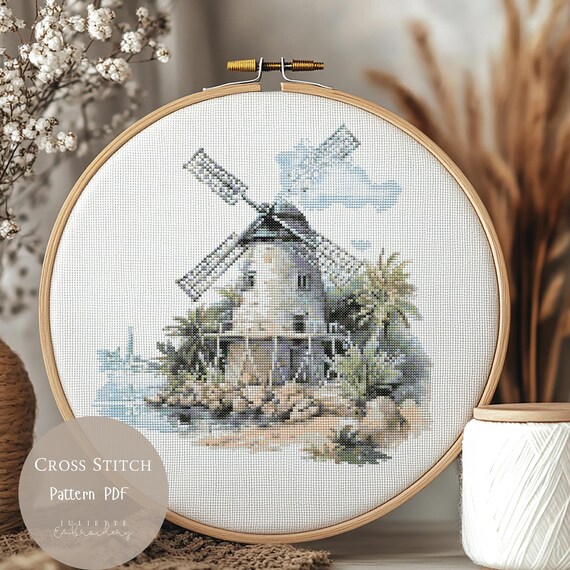 Cross Stitch Pattern Windmill Sea Landscape | Embroidery Designs