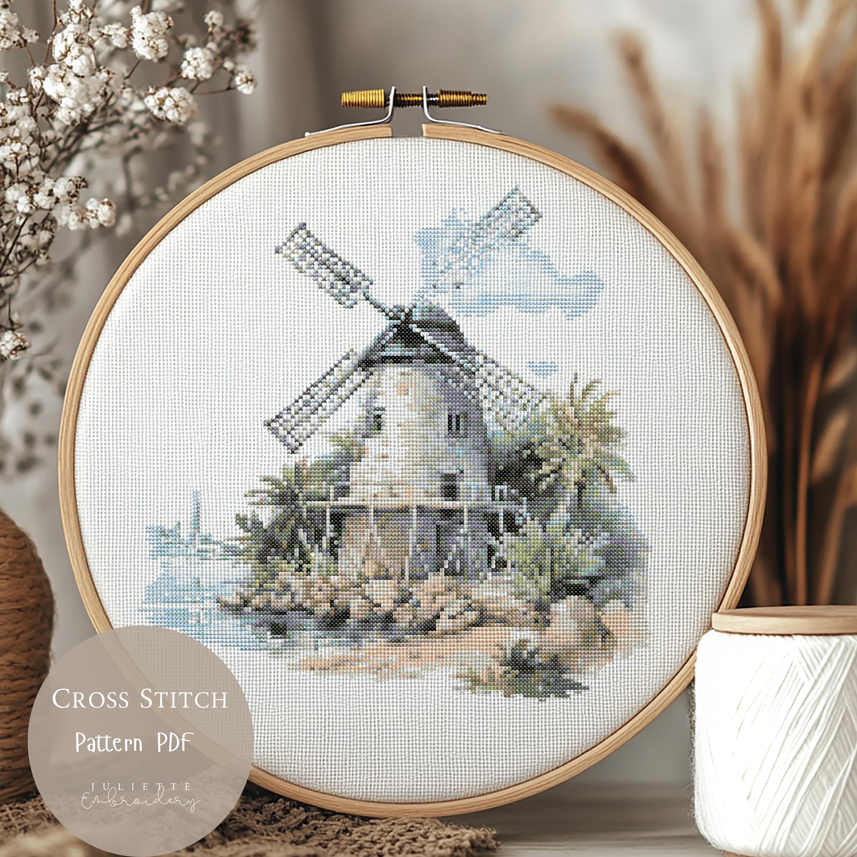 Cross Stitch Pattern Windmill Sea Landscape | Embroidery Designs