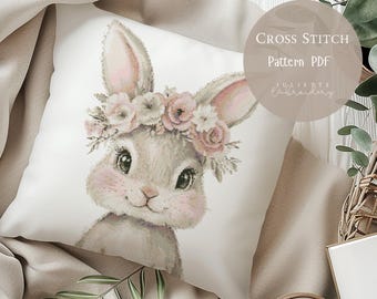 イギリス ヴィンテージ　手刺繍 うさぎのナーサリークロス[sa986] かわいい花のウサギのクロスステッチパターン|刺繍デザインPDF|モダン