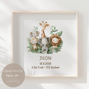 May include: Cross-stitch pattern featuring a framed design with a jungle theme. The artwork includes a giraffe, lion, elephant, monkey, and other animals. The name "JHON" is displayed, along with the date 10.6.2025 and measurements of 4 lbs 5 oz and 17.5 inches.