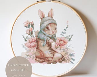 かわいいウサギのクロスステッチパターン | ウサギのピンクの花の刺繍