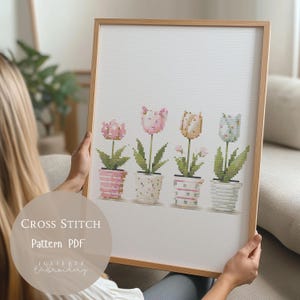 Patrón de punto de cruz: Tulipanes, flores, bordados florales en PDF, diseños modernos de punto de cruz, patrón digital de punto de cruz, 225