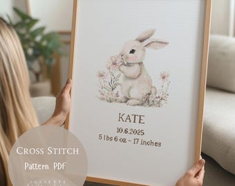 Pink Rabbit Personalized Baby Birth Announcement Cross Stitch Pattern, Custom Newborn Stats Embroidery, Baby Shower,Nursery Decor PDF | 358