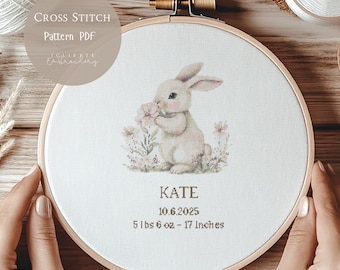 Pink Rabbit Personalized Baby Birth Announcement Cross Stitch Pattern, Custom Newborn Stats Embroidery, Baby Shower,Nursery Decor PDF | 358