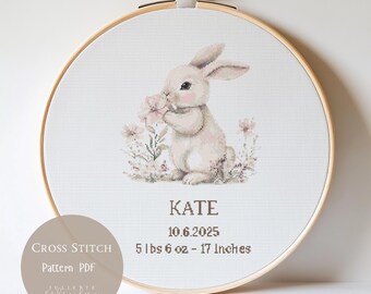 Pink Rabbit Personalized Baby Birth Announcement Cross Stitch Pattern, Custom Newborn Stats Embroidery, Baby Shower,Nursery Decor PDF | 358