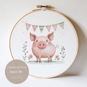 Fête de cochon drôle de motif de point de croix | Motifs de broderie pour chambre d&#39;enfant avec animaux de la ferme PDF | Modèle de conception numérique moderne au point de croix | 287