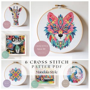 May include: A selection of six cross-stitch patterns in a mandala style. The designs feature a colourful giraffe, a fox, a cat, a floral mandala, a vintage car, and a peacock. Each pattern is presented in a wooden embroidery hoop.