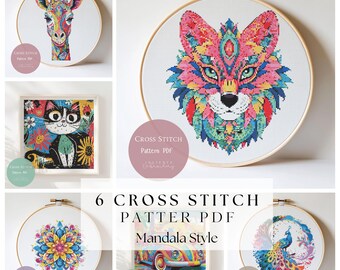 Bundle 6 Cross Stitch Pattern Mandala Animal | Mandala Style Animal Embroidery Design PDF| Modern Cross Stitch Designs Digital Pattern | 234