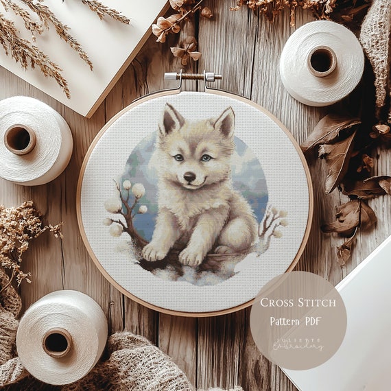 かわいいオオカミのクロスステッチパターン | 冬の刺繍デザイン PDF