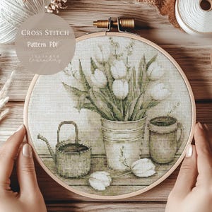 Patrón de punto de cruz: Tulipanes, flores, bordados florales en PDF, diseños modernos de punto de cruz, patrón digital de punto de cruz, 129