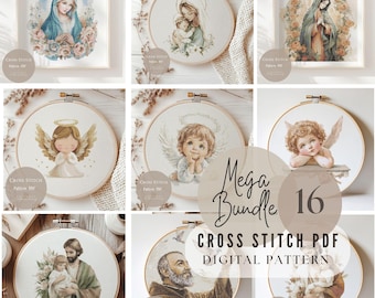 Paquete de 16 patrones de punto de cruz Virgen María / Jesucristo Diseño de bordado PDF / Diseños religiosos de punto de cruz Patrón digital / 232