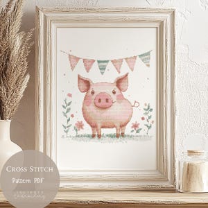 Fête de cochon drôle de motif de point de croix | Motifs de broderie pour chambre d&#39;enfant avec animaux de la ferme PDF | Modèle de conception numérique moderne au point de croix | 287