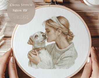 クロスステッチパターン 女性と犬 | 美しい少女と犬の刺繍デザイン PDF