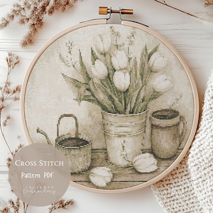Patrón de punto de cruz: Tulipanes, flores, bordados florales en PDF, diseños modernos de punto de cruz, patrón digital de punto de cruz, 129