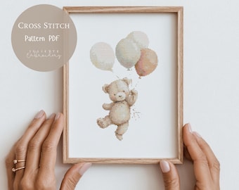 Schema punto croce orsacchiotto palloncini / Disegni da ricamo orsacchiotto in terracotta per cameretta dei bambini PDF / Schema punto croce digitale moderno / 352