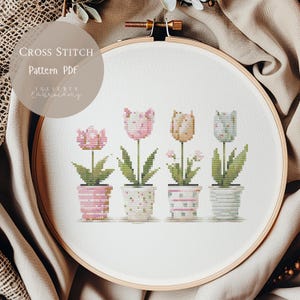 Patrón de punto de cruz: Tulipanes, flores, bordados florales en PDF, diseños modernos de punto de cruz, patrón digital de punto de cruz, 225