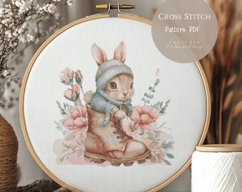 かわいいウサギのクロスステッチパターン | ウサギのピンクの花の刺繍