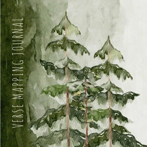 May include: Watercolour painting of three green pine trees against a light grey background. The trees are tall and slender, with dark green needles and brown trunks. The background is a soft, muted grey, with hints of green and white.