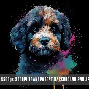 Puede incluir: Una ilustración digital de un perro marrón y negro con salpicaduras de acuarela azul, rosa y verde en el fondo.