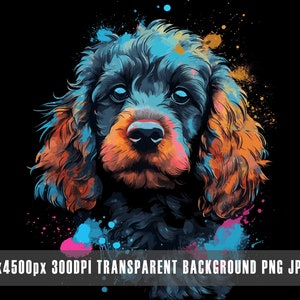 Puede incluir: Una ilustración digital colorida de un perro caniche negro con salpicaduras de pintura azul, naranja y rosa en el fondo.