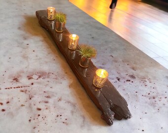 Extra large driftwood centerpiece with removable mercury glass candle holders | Entryway decor | Event decor