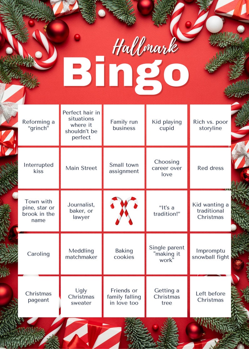 Hallmark Countdown to Christmas Movie Bingo candy Cane Holiday Game