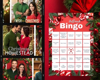 Może przedstawiać: Czerwono-biała karta do bingo z tytułem "Hallmark Bingo". Karta zawiera 25 pól z różnymi świątecznymi motywami filmowymi, takimi jak "Odnowienie "Grincha"", "Dziecko grające amora" i "Brzydki świąteczny sweter".